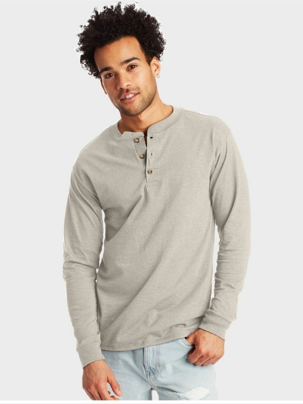 Hanes Beefy-T® Men's Long-Sleeve Henley Pebblestone Heather Medium